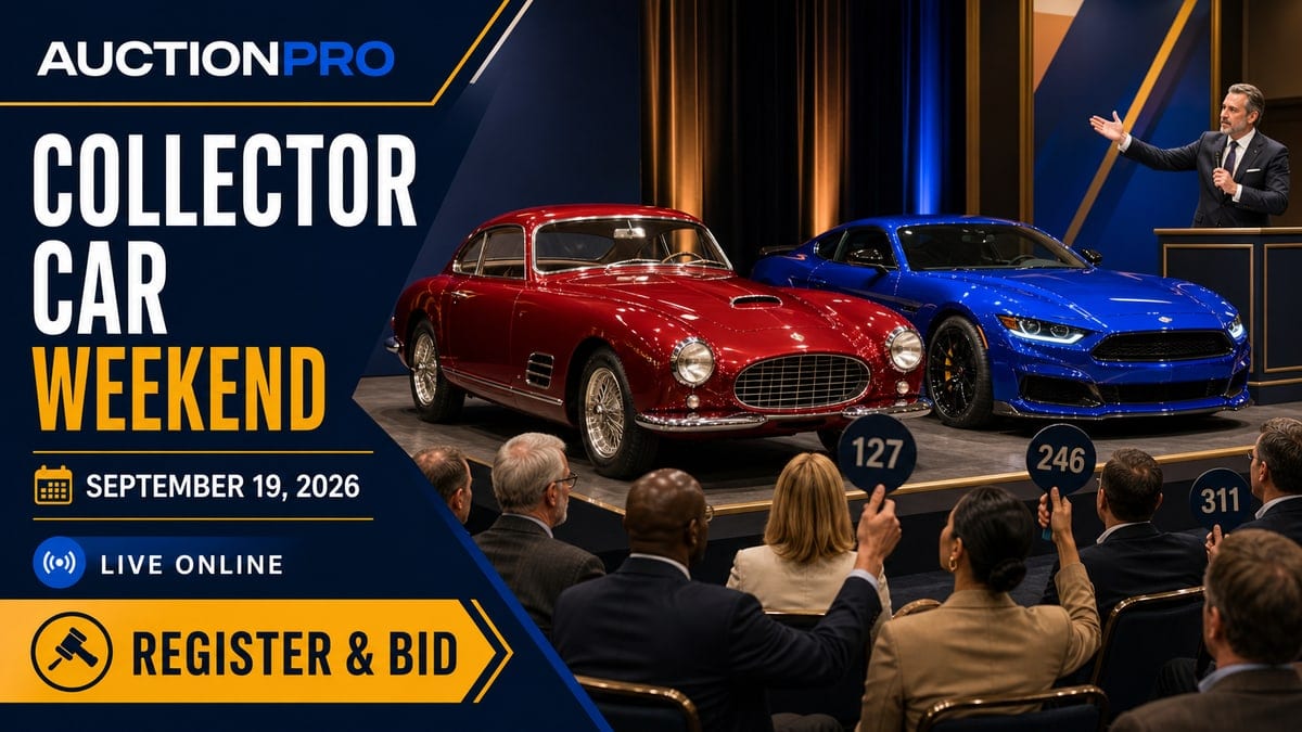 Collector car auction with classic and performance cars, bidders and an auction host